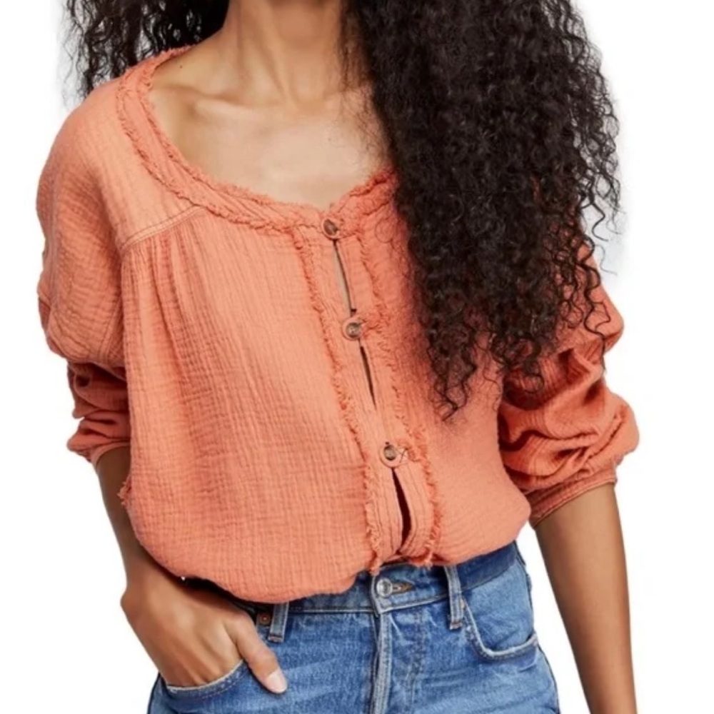 Free People Women's Coral Oversized Button-Up Top XS